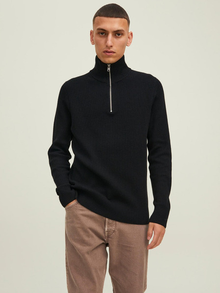 Jack & Jones Schwarzer Herrenpullover mit geripptem Reißverschluss Jack & Jones Perfect
