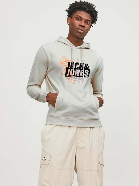 Jack & Jones Cremefarbener Herren-Kapuzenpullover Jack & Jones Map