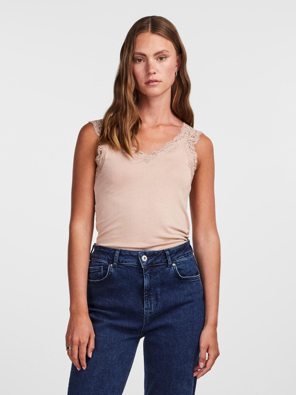 Pieces Beigefarbenes Damen-Tank-Top mit Spitze Pieces Barbera