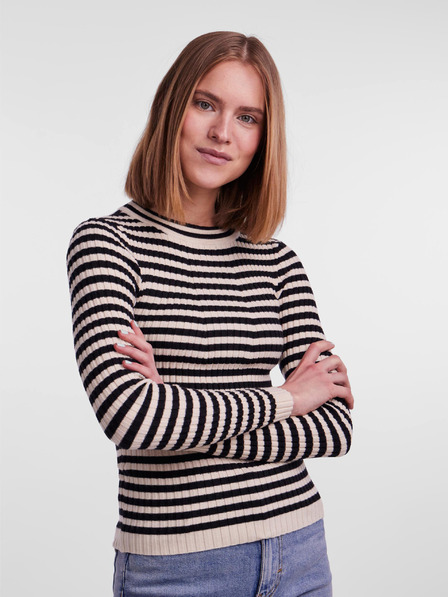 Pieces Cremefarbener und schwarzer gestreifter Damenpullover Pieces Crista
