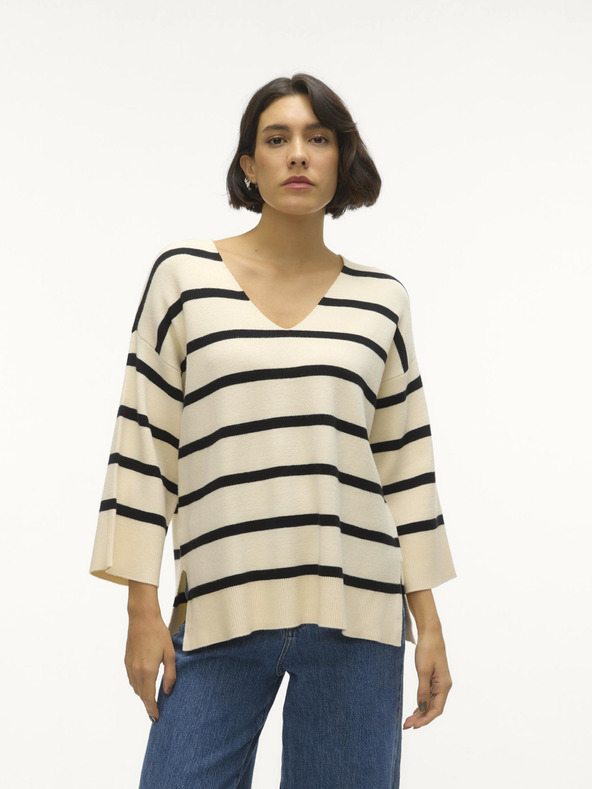 Vero Moda Schwarzer und cremefarbener gestreifter Damenpullover Vero Moda Saba