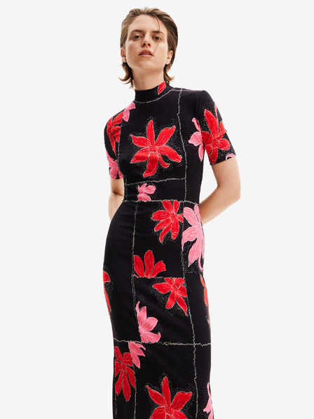 Desigual Rotes und schwarzes Midikleid aus floralem Strick Desigual Quebec