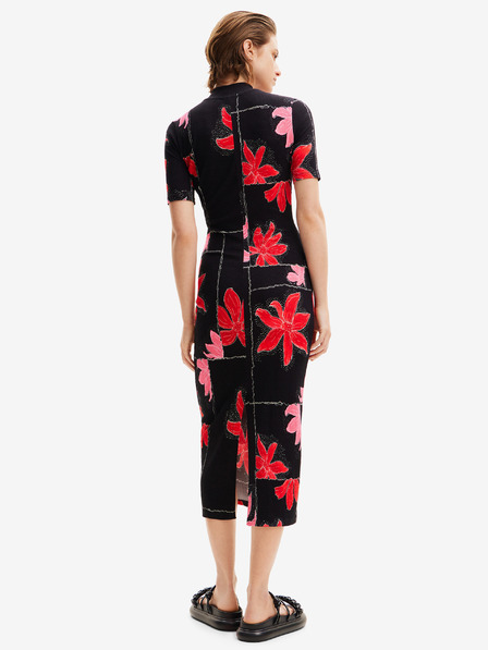 Desigual Rotes und schwarzes Midikleid aus floralem Strick Desigual Quebec
