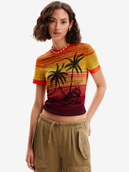 Desigual Gelbes und orangefarbenes Desigual Dubai Damen-Strick-T-Shirt