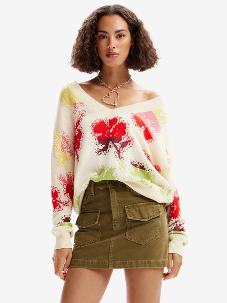 Desigual Rote und cremefarbene Damen-Strickjacke mit Blumenmuster Desigual Join