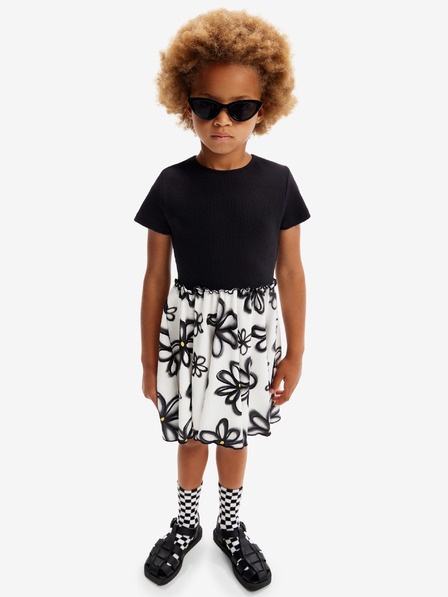 Desigual Weiß-schwarzes Desigual Bera Mädchen-Blumenkleid