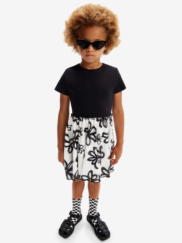 Desigual Weiß-schwarzes Desigual Bera Mädchen-Blumenkleid