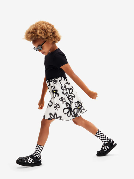 Desigual Weiß-schwarzes Desigual Bera Mädchen-Blumenkleid