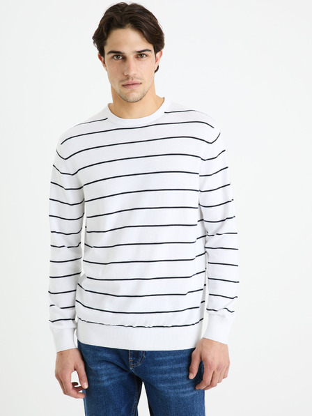 Celio Weiß gestreifter Herren-Basic-Pullover Celio Decoton
