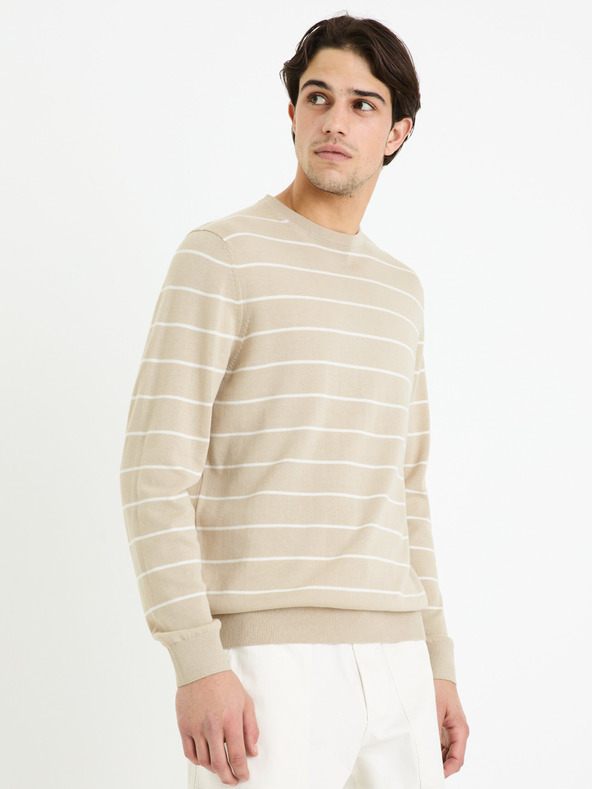 Celio Beige gestreifter Herren-Basic-Pullover Celio Decoton