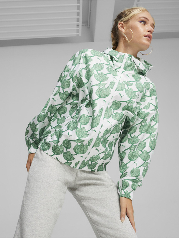 Puma Weiße und grüne Puma Blossom AOP Windbreaker leichte gemusterte Jacke für Damen