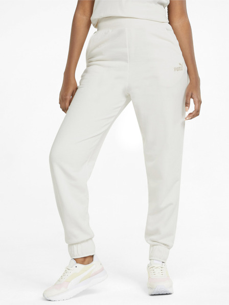 Puma Cremefarbene Puma ESS+ Stickerei Hose mit hohem Bund für Frauen