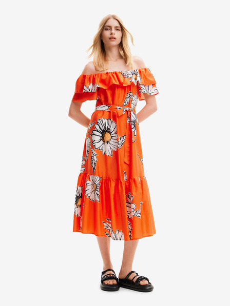 Desigual Orangefarbenes geblümtes Damen-Midikleid Desigual Georgeo