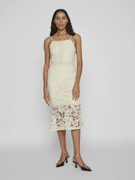 Vila Cremefarbenes Damen-Spitzen-Midikleid VILA Capella