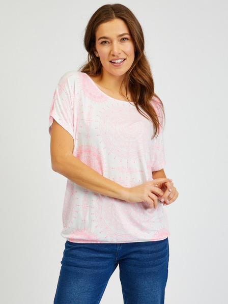Sam 73 Weißes und rosa gemustertes Damen-T-Shirt SAM73 Taurus