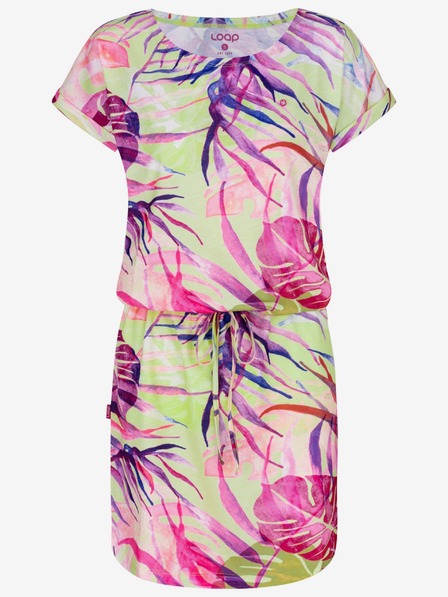 Loap Grünes und rosa Damen-Sommerkleid mit tropischem Muster LOAP ANUMA