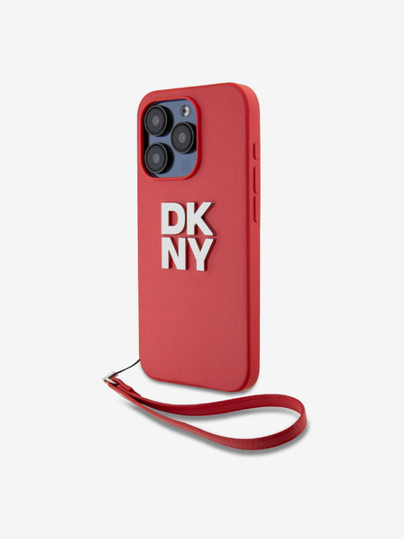 DKNY PU Leather Stack Logo Wrist Strap Back Cover für iPhone 15 Pro Rot DKNY