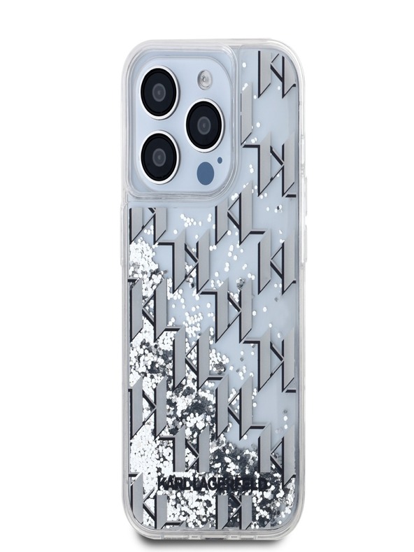 Karl Lagerfeld Liquid Glitter Monogram Gradient Back Cover für iPhone 15 Pro Weiß Karl Lagerfeld
