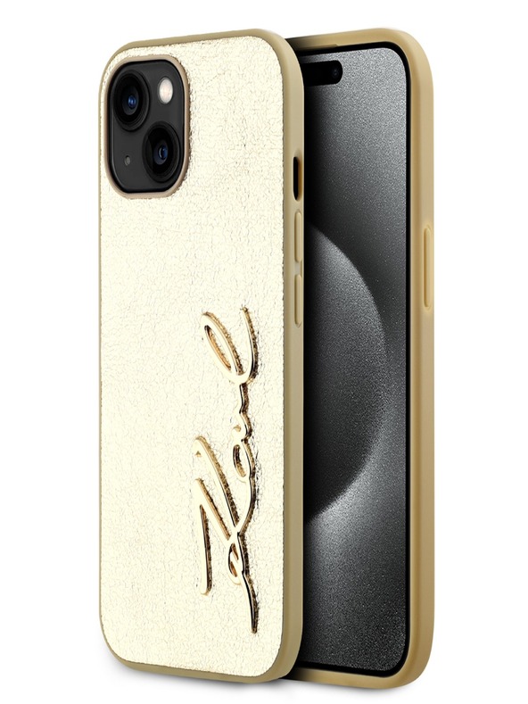 Karl Lagerfeld Faltenreiche PU Signature Logo-Hülle für iPhone 15 Gold Karl Lagerfeld