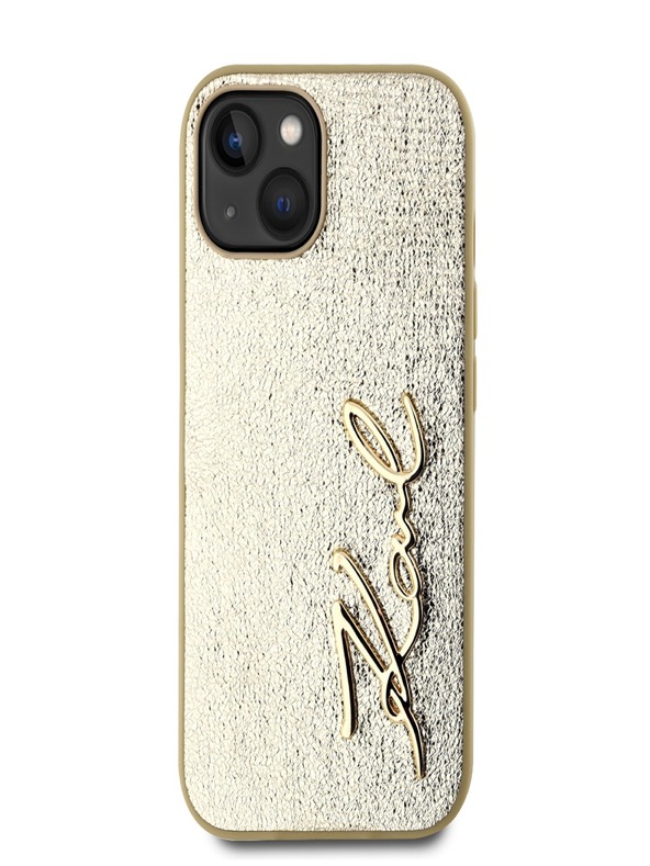 Karl Lagerfeld Faltenreiche PU Signature Logo-Hülle für iPhone 15 Gold Karl Lagerfeld