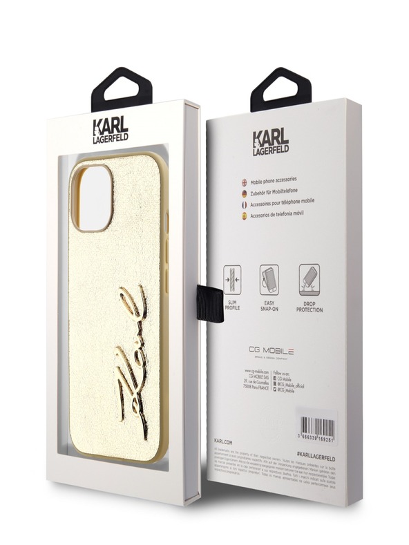 Karl Lagerfeld Faltenreiche PU Signature Logo-Hülle für iPhone 15 Gold Karl Lagerfeld