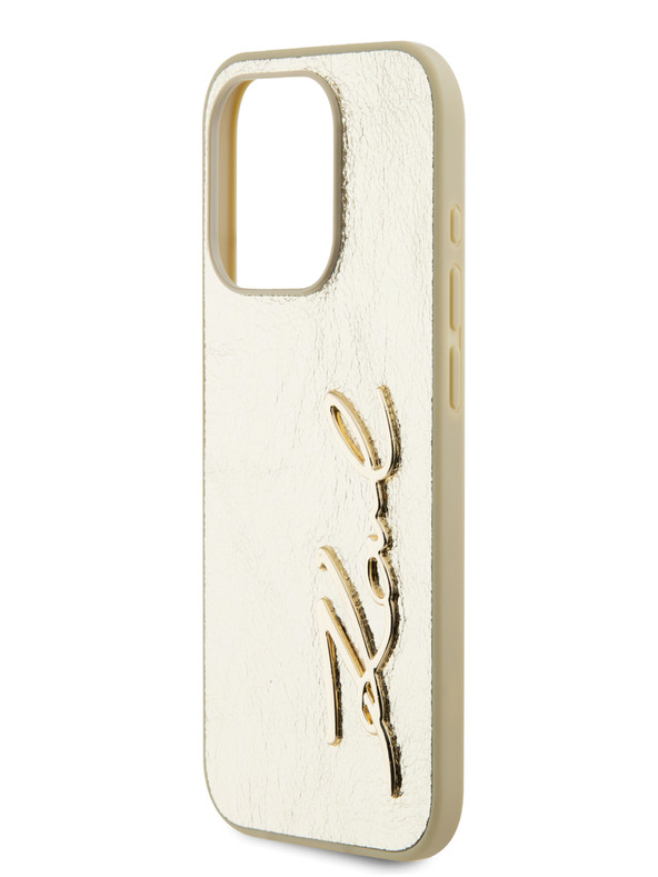 Karl Lagerfeld Faltenreiche PU Signature Logo Rückseite für iPhone 15 Pro Gold Karl Lagerfeld