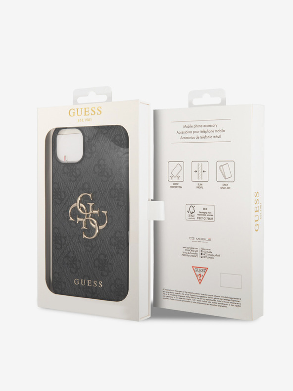Guess Guess PU 4G Metall-Logo-Rückseite für iPhone 15 Grau