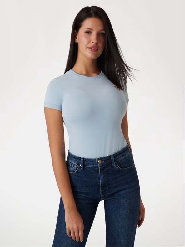 Guess Jeans Damen weißes Stretch-T-Shirt Triangle Logo Guess Jeans