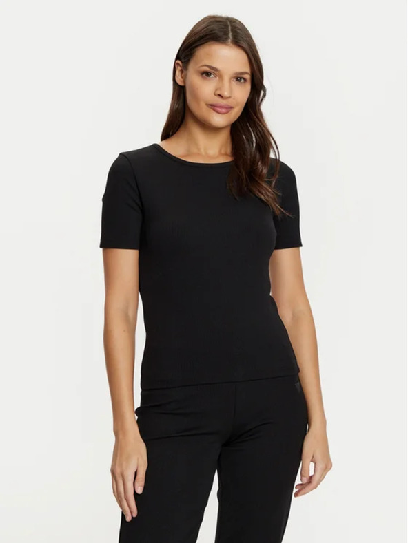 Guess Jeans Damen schwarzes geripptes T-Shirt kclh0 Guess Jeans