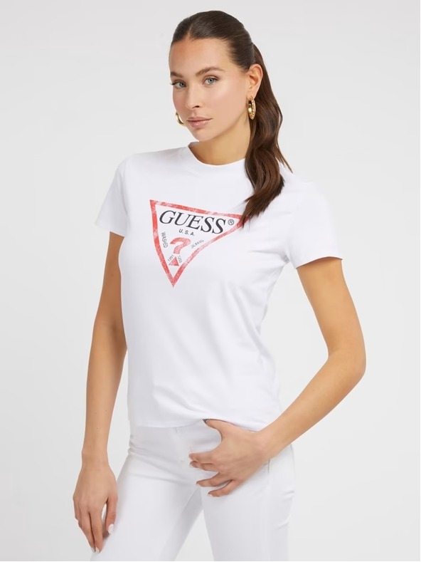 Guess Jeans Damen weißes T-Shirt Big Triangle Logo G011 Guess Jeans