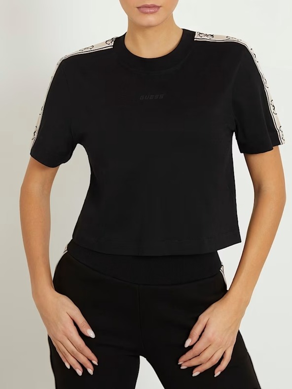 Guess Jeans Damen Schwarzes T-Shirt mit Schulter-Logo von Guess Jeans