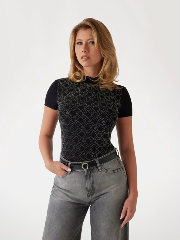 Guess Jeans Damen Schwarzes T-Shirt mit Aufdruck von Guess Jeans