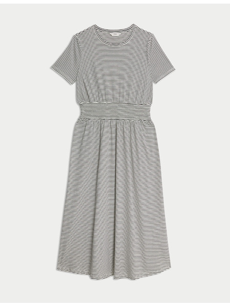 Marks & Spencer Striped Gathered Midi Dress in Pure Cotton by Marks & Spencer Navy