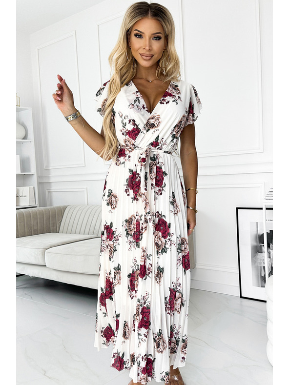 numoco Plissiertes Midi-Kleid mit Ausschnitt und Volants - dunkle rote Rosen