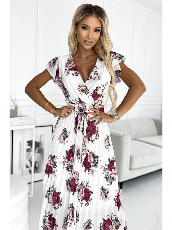 numoco Plissiertes Midi-Kleid mit Ausschnitt und Volants - dunkle rote Rosen