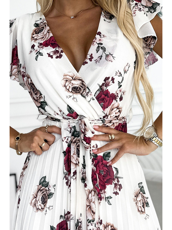 numoco Plissiertes Midi-Kleid mit Ausschnitt und Volants - dunkle rote Rosen