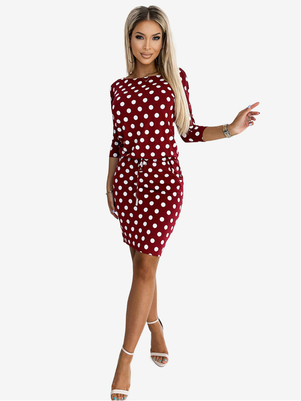 numoco Sportliches Kleid mit Bindeband und Taschen - burgunderrot + gepunktet Numoco