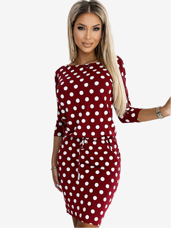 numoco Sportliches Kleid mit Bindeband und Taschen - burgunderrot + gepunktet Numoco