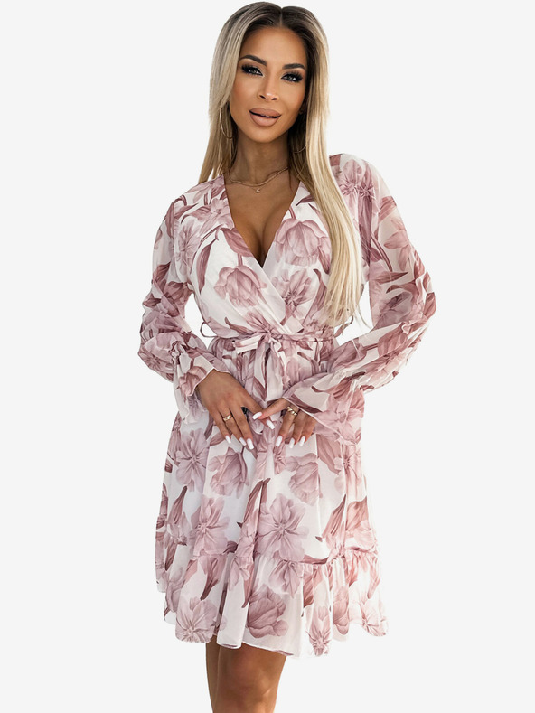 numoco Chiffonkleid mit Ausschnitt, Rüschen und Gürtel - beige Blumen Numoco