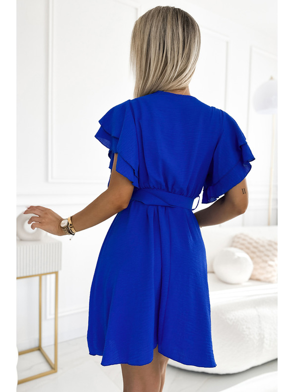 numoco Blaues Damenkleid mit Bleistiftausschnitt, Ärmeln und Gürtel Numoco