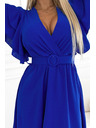 numoco Blaues Damenkleid mit Bleistiftausschnitt, Ärmeln und Gürtel Numoco