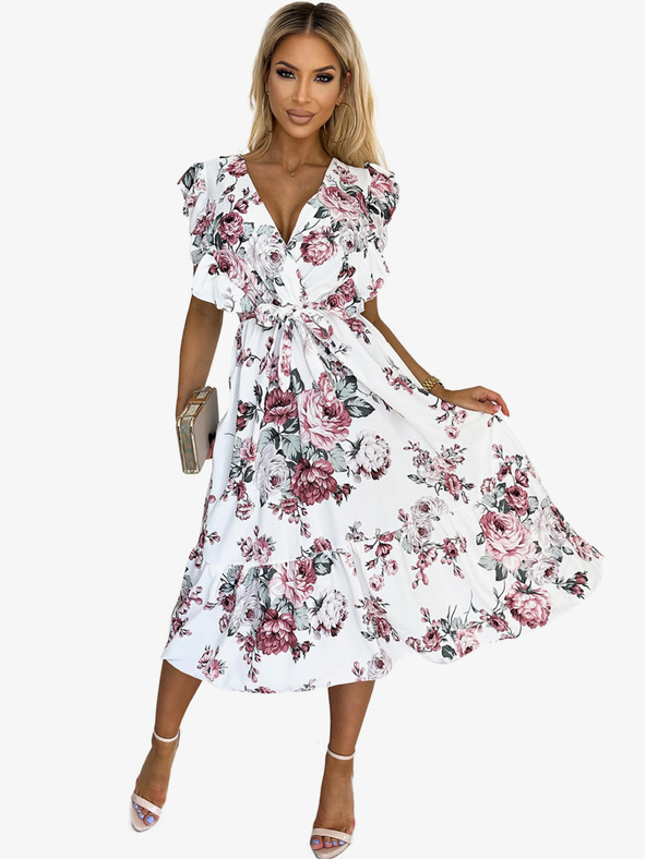 numoco Kleid mit Rüsche, Ausschnitt und Bindeband - weiß mit burgunderroten Rosen Numoco GABRIELLA