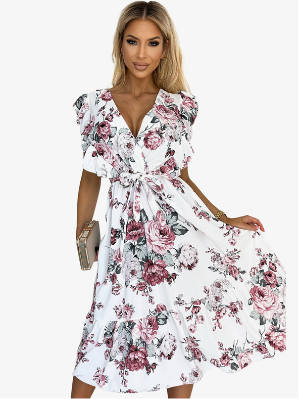 numoco Kleid mit Rüsche, Ausschnitt und Bindeband - weiß mit burgunderroten Rosen Numoco GABRIELLA