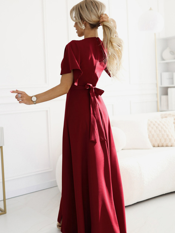 numoco Numoco Damen burgunderfarbenes langes Kleid mit Schlitz, Ärmel und Ausschnitt