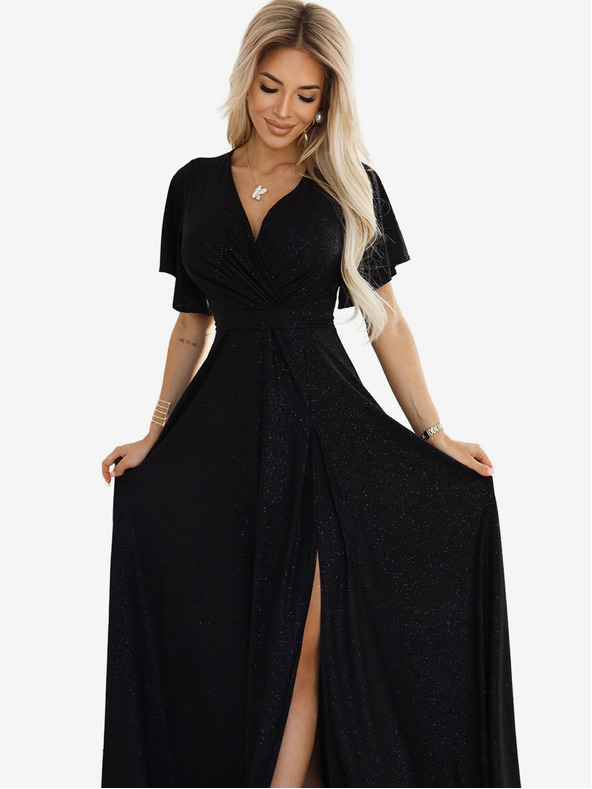 numoco Schwarzes glänzendes langes Damenkleid mit Ärmeln und Ausschnitt Numoco