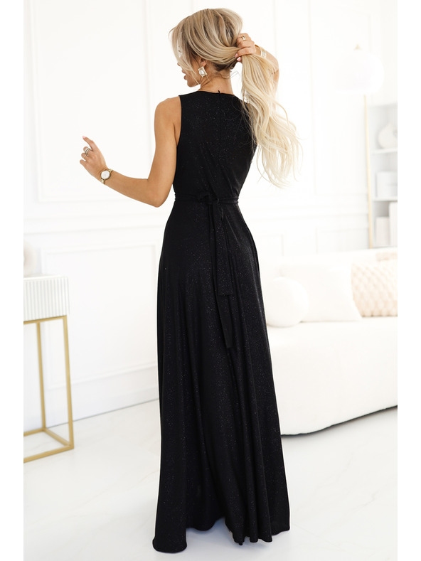 numoco Schwarzes langes Damenkleid aus Satin mit Ausschnitt und Schlitz Numoco