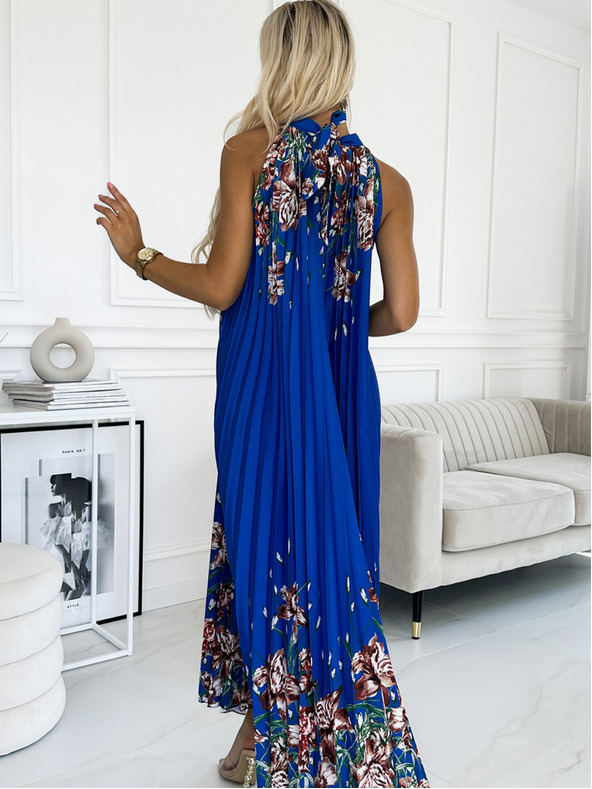 numoco Plissiertes Maxikleid aus Satin - Blau mit Blumen Numoco ESTER