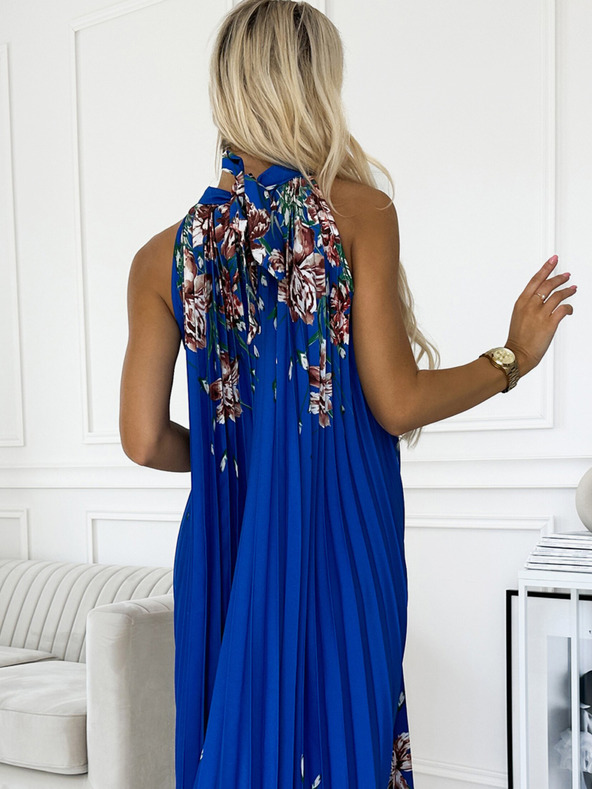 numoco Plissiertes Maxikleid aus Satin - Blau mit Blumen Numoco ESTER