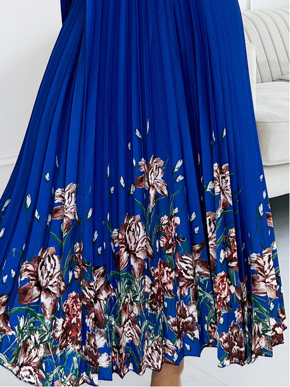 numoco Plissiertes Maxikleid aus Satin - Blau mit Blumen Numoco ESTER