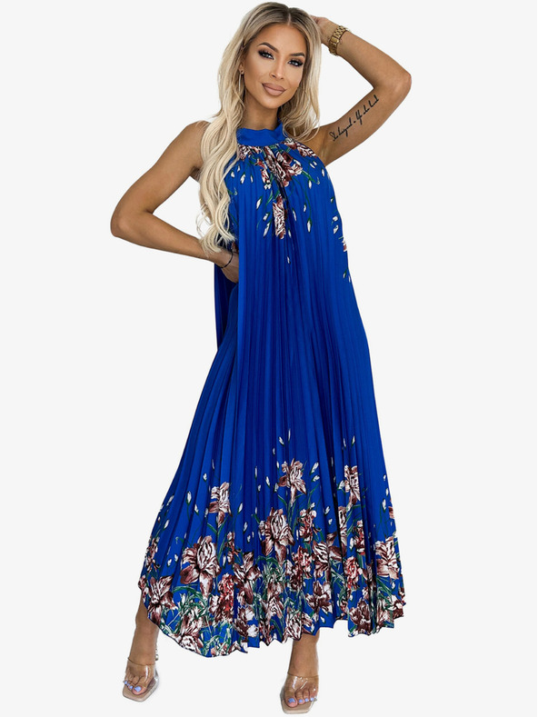numoco Plissiertes Maxikleid aus Satin - Blau mit Blumen Numoco ESTER